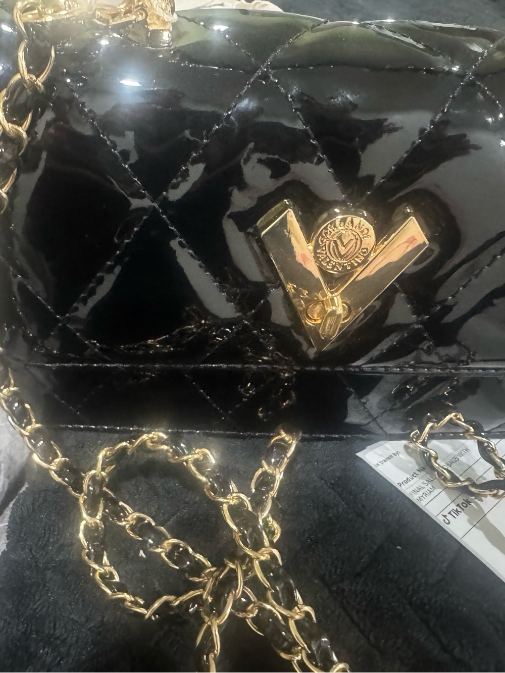 Valentino Orlandi Black Quilted Patent Shoulder Bag with Gold V Emblem - Picture 6 of 10